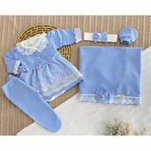 Maternity Outfit With 6 Pieces In Knitted Fabric – Dress, Bodysuit, Blanket, Gloves And Tiara, Size RN - Màu xanh nhạt - Xem 3