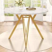 Dining Table Set (5 Pieces), Dining Table Set With 4 Chairs, Modern Kitchen Dining Table Set, 100cm Diameter Round Kitchen Table And Gold Metal Legs, MDF Marble Table Top, Grey Dining Chairs - Gold + Gray + Linen + MDF - View 8