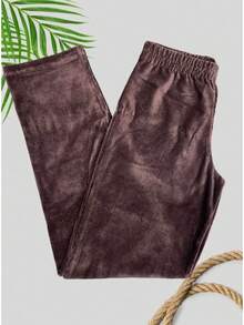 Calça De Veludo Feminina Com Elástico Moda Casual - Marrom - Visão 1