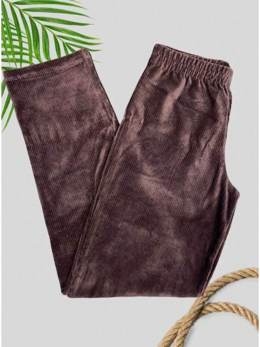 Calça De Veludo Feminina Com Elástico Moda Casual - Marrom - Visão 1
