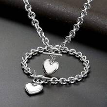 Silver 18k Gold Gold Plated Charm Chunky Stainless Steel Chain Heart Toggle Choker Bracelet Necklace Set Womens Fashion Valentine Jewelry Set - 不銹鋼 - 查看 9