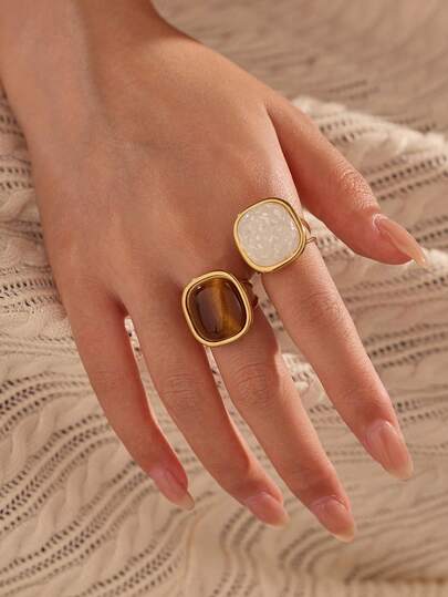 2 件不锈钢金色方形开口戒指镶嵌虎眼石和白宝石戒指，适合女性搭配或节日礼物