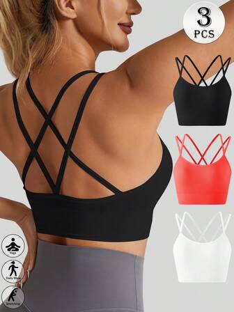 3pcs Women's Solid Color Spaghetti Strap Sports Bra With Criss-Cross Back
