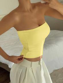 Camiseta básica sin tirantes elástica y ajustada de unicolor para mujer, apta para las cuatro estaciones, camiseta sin tirantes básica de primavera y verano, camiseta de moda - Amarillo - Ver 9