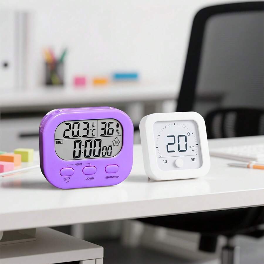 100-Occasion Digital Timer With Temperature & Humidity Display, Silent Countdown Clock For Kitchen Cooking, Baking, Fitness, Exam - Battery Not Included - Multicolor - View 1