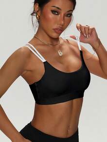 女士纯色圆领交叉可拆卸衬垫时尚针织运动文胸 - 黑色 - 查看 3