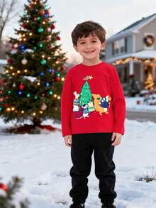 小男孩圣诞节卡通圣诞树图案长袖T恤秋冬时尚 - 紅色 - 查看 3
