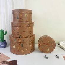 4pcs/Set Vintage Brown Round Christmas Element Storage Boxes, Christmas Tree & Gift Print, Multi-Layer Stackable, Gift Packaging Boxes - Brown - View 3