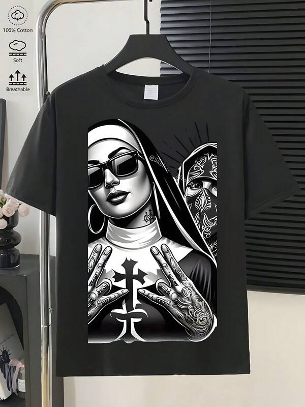 Camiseta de hombre negra, camiseta de manga corta con estampado de monja gótica, cuello redondo casual, corte regular, tela cómoda para todas las estaciones, adecuada para el uso diario, adecuada para regalos de Navidad.