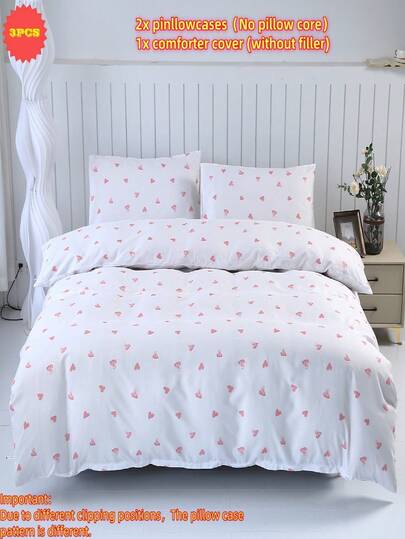 3pcs Heart Pattern Bedding Set - Duvet Cover & Pillow Shams (Duvet Cover & 2 Pillow Shams, No Filling), Soft & Breathable, Suitable For Bedroom, Guest Room, Rental, Hotel
