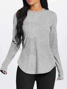 1pc Women's Minimalist Style Soft & Comfortable Versatile Sports Long Sleeve Top, Suitable For Yoga, Outdoor Training, Running - Light Grey - View 4