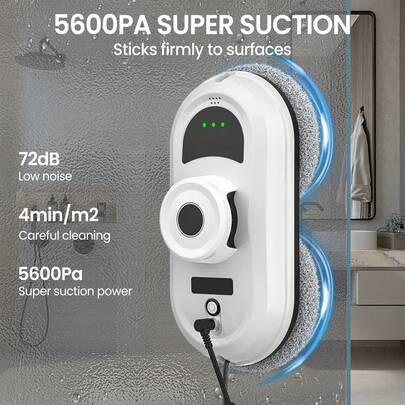 Elektrischer Fensterreiniger - Intelligente Fensterreinigung Roboter - 4 Meter langes Sicherheitsseil - Mit Fernbedienung - 3 Geschwindigkeiten - Mehrere Fensterreinigungsmodi - 5600 Pa Hurrikan-Saugleistung - Geeignet für den Heim- und Außenbereich
