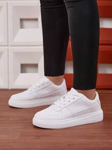 Women's Casual Sneakers, White, Non-Slip Soft Sole, Lightweight, White Shoes, Couple Style, Platform, Round Toe Lace-Up, Available In Plus Size 43-45