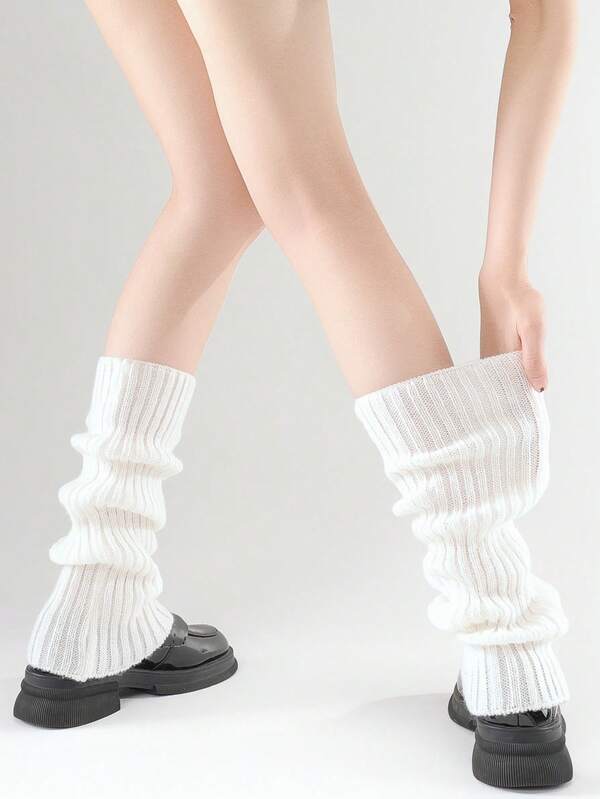 Calcetines largos de protección de pierna con rayas verticales, tejidos a ganchillo y de lana para mujer en otoño e invierno