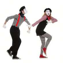 9pcs Women's French Pantomime Performer Outfit And Accessories Set - Party Style Polyester Fiber Pantomime Costume, Equipped With A Beret, Adjustable Red Straps, Striped Arm Sleeves, High Socks, Scarf And White Gloves, Suitable For Halloween Costume