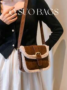 1pc Mini Fuzzy Deer Faux Fur Shoulder Bag, Cute Fluffy Magnetic Flap Small Square Bag For Winter - Coffee Brown - View 5