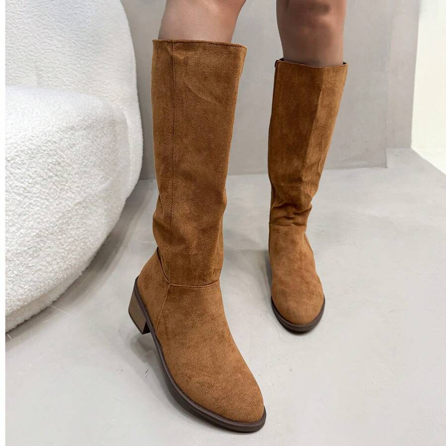 Botas hasta la rodilla de montar de talla grande para mujer, de estilo vintage clásico, versátiles, con cremallera lateral, tacón bajo y de ante