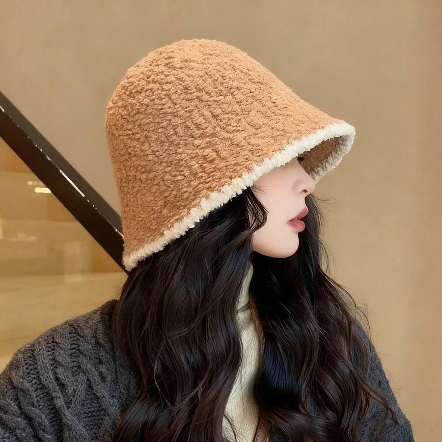 1pc Women Khaki Patchwork Fluffy Bucket Hat, Versatile For Autumn/Winter Daily Use