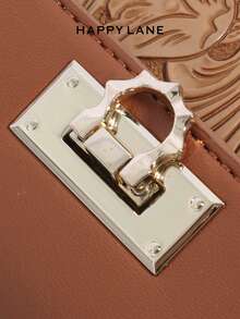 HAPPY LANE Fashionable Brown Patchwork Minimalist Style Handbag, Retro Vacation Vibe Shoulder Bag, Comes With Ribbon Accessory, Suitable For Business, Casual, Shopping, And School, Front Twist Lock Handbag, With Shoulder Strap, Crossbody Bag, Lightweight And Durable, Vintage Charm, Elegant And Unique Style For Women, Suitable For Any Occasion - Màu be - Xem 5