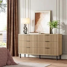 Wood Wide Double Dresser With Metal Legs And Handles, Fluted 6 Drawer Dresser, Modern Chest Of Drawers With Anti-Tipping Design For Bedroom Living Room, Hallway - 棕色 - 查看 3