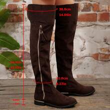 Women's 2025 Autumn/Winter New Tall Boots, Side Zipper Flat Boots With Metal Trim Thick Sole, Increased Height Stretch Faux Suede Shaft Expandable Tall Boots For Women - Coffee Brown - View 9