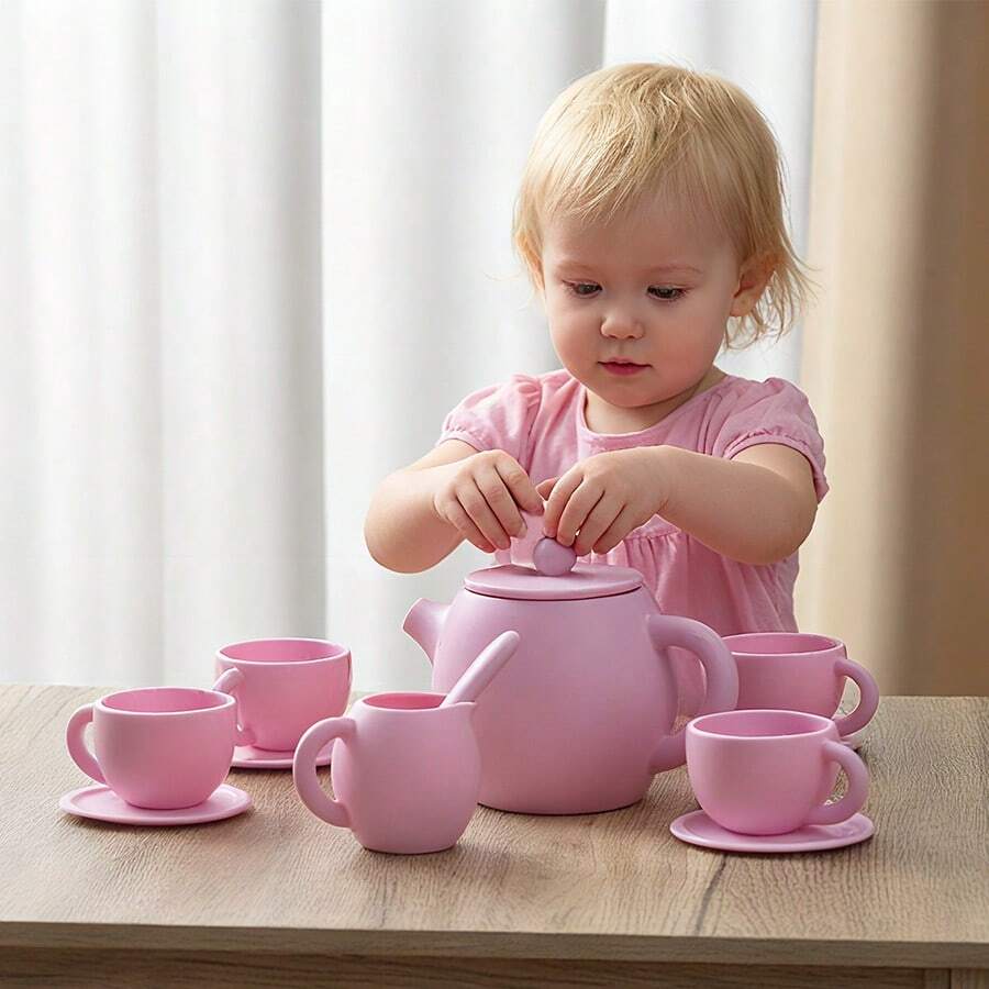 幼儿角色扮演下午茶套装，可水洗软硅胶玩具，早教硅胶玩具套装，幼儿角色扮演茶具，婴儿厨房玩具套装，茶壶和吸管杯，送给女孩的礼物 - 彩色 - 查看 1