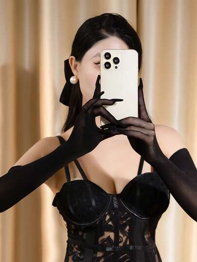 1 Pair Women's Black Thin Breathable Comfortable Elegant Seamless Long Fingerless Gloves, Suitable For Summer Sun Protection, Travel, Halloween Party, Cosplay