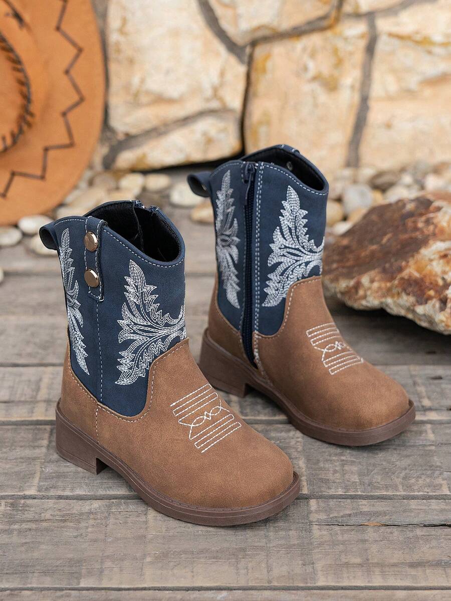 Children's Vintage Casual Embroidered Square Toe Boots, Suitable For All Seasons - Blue - View 1