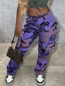 Women's Casual Camouflage Print Straight Leg Cargo Pants - 紫色 - 查看 8