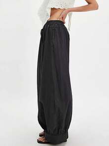 Women's Casual Cotton Linen Baggy Pants With Drawstring Elastic Waist Relax Fit Lantern Trouser With Pockets Daily Streetwear - màu đen - Xem 2