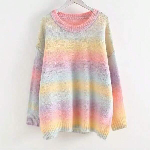 Suéter feminino francês com listras coloridas e pintura a óleo em malha solta
