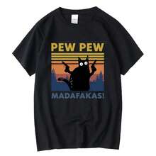 Camiseta Pew Pew Madafakas para hombres, manga corta, novedad, camiseta divertida de gato, camisetas de algodón sueltas, camiseta de cuello redondo, ropa de calle - Negro - Ver 10