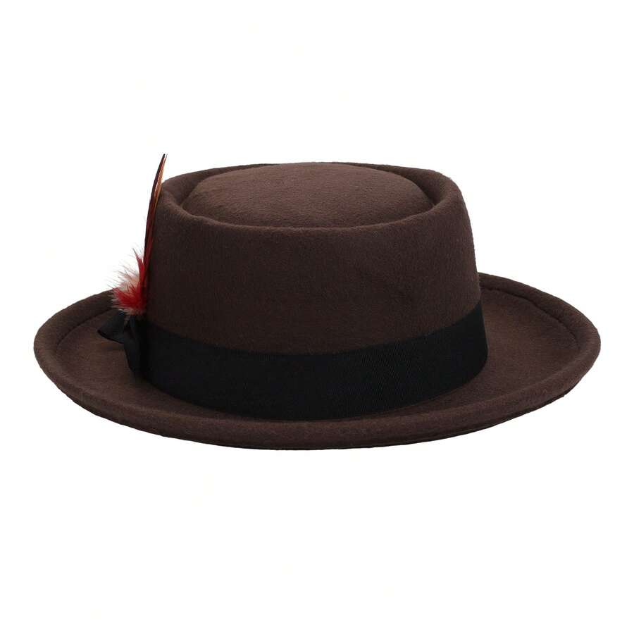 Wide Brim Fedora Hats With Feather For Women Men Western Panama Floppy Hat - 咖啡棕 - 查看 1