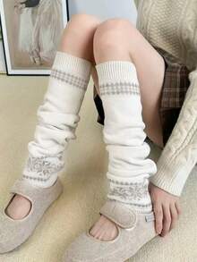 1双秋冬季白色/黑色/咖啡色/灰色/燕麦色韩式费尔岛雪花针织加厚保暖腿套，舒适 - 彩色 - 查看 4