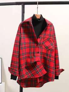 女士休闲格子法兰绒衬衫，秋冬季 - 紅色 - 查看 1