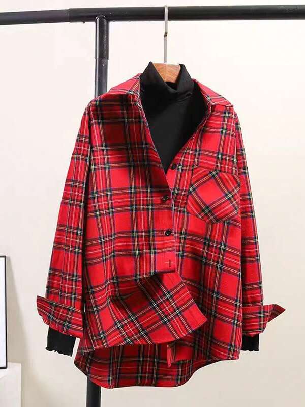 Koszula flanelowa damska w kratę, swobodna, jesień/zima