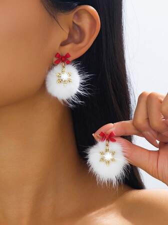 2 件可爱时尚的圣诞毛绒球、合金雪花和蝴蝶结耳钉，适合女性、日常佩戴或节日礼物