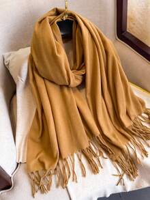 1pc Women's Black Thickened Plush Wool Double-Sided Imitated Cashmere Scarf, Elegant And Fashionable, Couple Shawl Scarf, Versatile And Warm, Suitable For Daily Use In Autumn And Winter - Earthy Yellow - View 2
