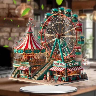 2D Flat 1 Piece Green Amusement Park Carousel Ferris Desktop Accessory -3D Optical Illustration (5.9inch) Suitable For Home Decoration - Office Decoration - Room Decoration - Valentine's Day - Mother's Day - Back To School Season Decoration - The Best Gift For Family And Friends