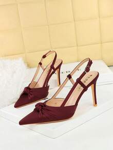 European & American Style Satin Bow Pointed Toe Slip-On High Heel Pumps, Low Vamp Backless Women Party Shoes - Burgundy - View 3