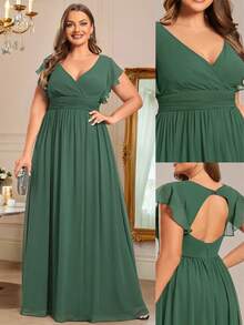 Plus Size Bridesmaid Dress Cap Sleeve Ruched V Neck Plain Backless High Waist Pleated Asymmetrical Skirt Chiffon Green Bridesmaid Dress For Wedding Party Dresses Mother Of Bride Dress For Wedding - Green - View 9
