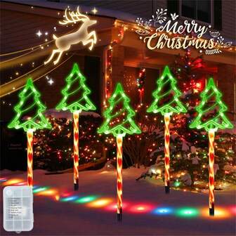 1 套 4 棵圣诞树草坪路径灯，节日户外装饰灯串，电池供电（不含电池），半嵌入式安装，适用于花园、人行道、露台、庭院和门廊的草坪灯，圣诞装饰（不含电池：3*AA）