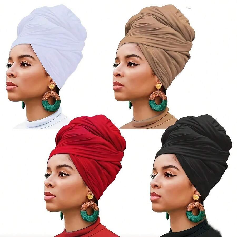 Set Of 4 Bohemian Style Pleated Head Wraps, Elegant Solid Color Turban Caps, Breathable And Ultra Soft Extra Long Headbands For Women - 白色 駝色 紅色 黑色 - 查看 1