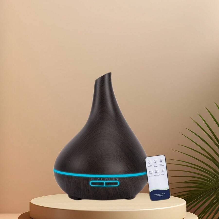 Bedroom Humidifier 500ml Aromatherapy Diffuser, Uniquely Shaped Wood Grain Essential Oil Diffuser, Cold Mist Humidifier USB Aromatherapy Diffuser, With Timer LED Light, Home And Office Humidifier (Dark Wood Grain). - 1PC - View 1