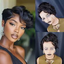 Short Pixie Cut Wig Human Hair 6 Inch 150% Density 13x4x1 Lace Wig For Women Curly Wave Human Hair Brazilian Remy Hair Suitable For Daily Wear 1B Color Casual Elegant Preppy Business Modest Romantic Glamorous Vintage Street Sporty Cute Royal Simple Vacation Daily Holiday Music Festival Mother's Day Carnival Valentine's Day Halloween All Saints' Day Christmas Day Cosplay Spring Summer Autumn Winter Local Warehouse Wear And GO New Product Discounts Wigs For Women - Natural Black - View 5