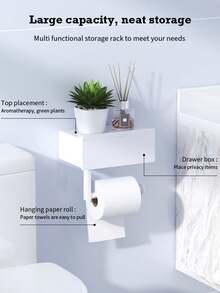1pc No Drill Wall-Mounted Toilet Paper Holder With Shelf & Wet Wipe Storage Box - Heavy-Duty Plastic, White Bathroom Shelf, Space-Saving Adhesive Backing (No Screws/Holes) For Toilet Paper, Wipes, Phone Holder, Wipes -