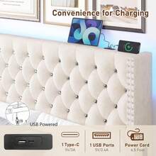 Queen LED Upholstered Bed Frame With Wingback Headboard, Velvet Diamond Button Tufted Bed Frame W/USB&Type-C Ports, Pocket And LED Lights, Wood Slats Support, No Box Spring Needed - 白色 - 查看 3