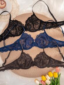 3pcs Women's Solid Color Lace Thin Cup Underwire Comfortable Bras - Multicolor - View 3