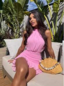 SHORT WOMEN'S DRESS, UNIFORM, HIGH NECK, TIE AT THE NECK, TULLE, RUFFLE, SUMMER  TREND, ELEGANT BLOGGER - 淺粉色 - 查看 1