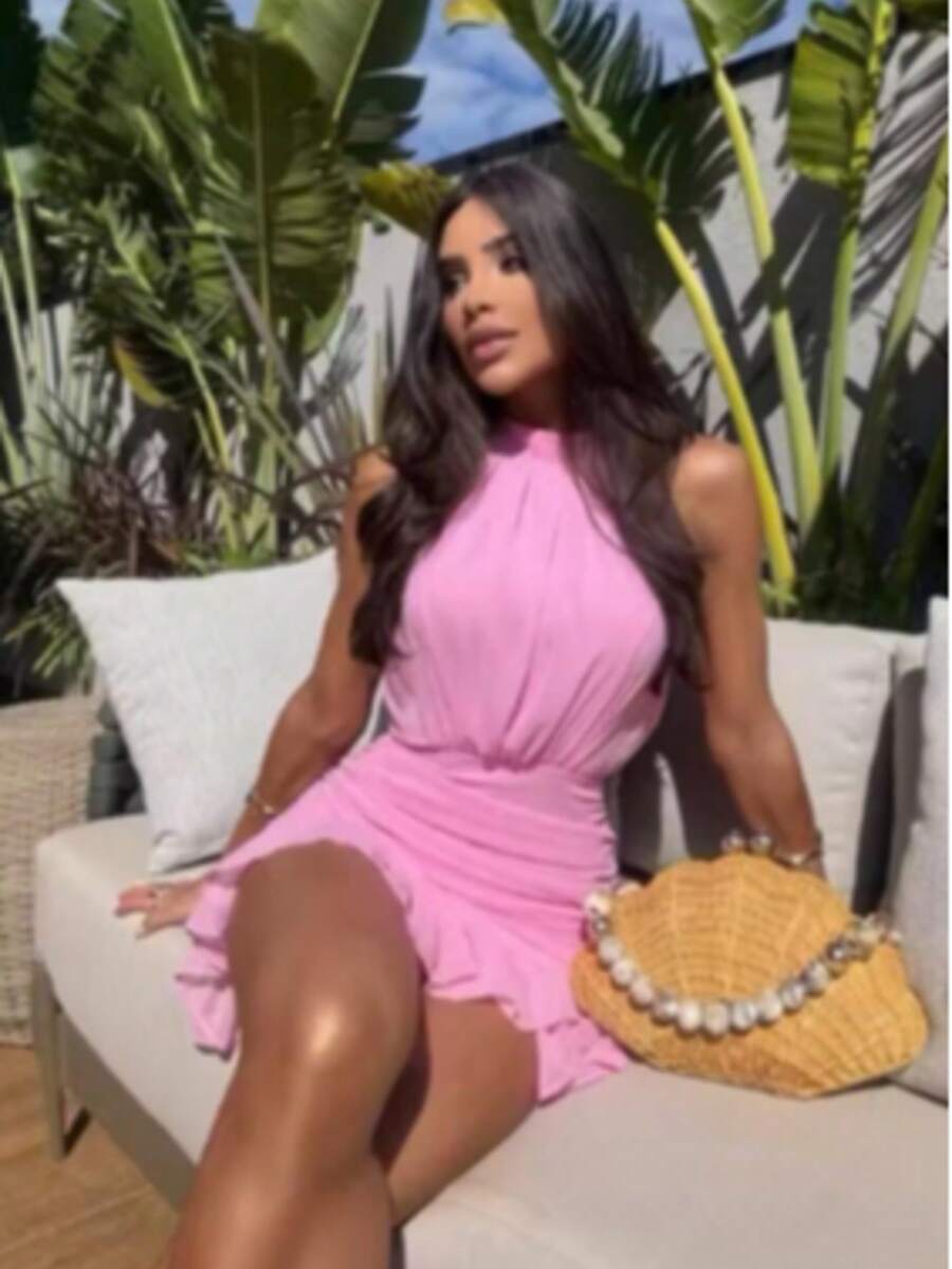 SHORT WOMEN'S DRESS, UNIFORM, HIGH NECK, TIE AT THE NECK, TULLE, RUFFLE, SUMMER TREND, ELEGANT BLOGGER - Màu Hồng baby - Xem 1